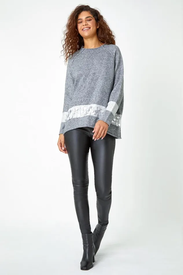 Grey Sequin Colour Block Funnel Neck Jumper Women Roman Knitwear