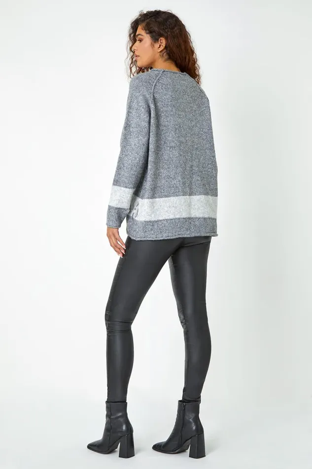 Grey Sequin Colour Block Funnel Neck Jumper Women Roman Knitwear