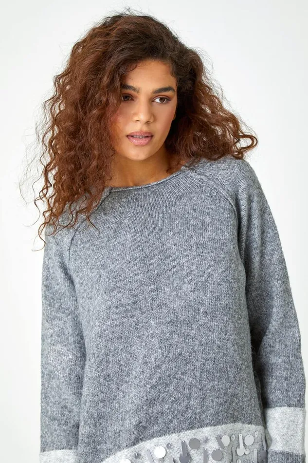 Grey Sequin Colour Block Funnel Neck Jumper Women Roman Knitwear