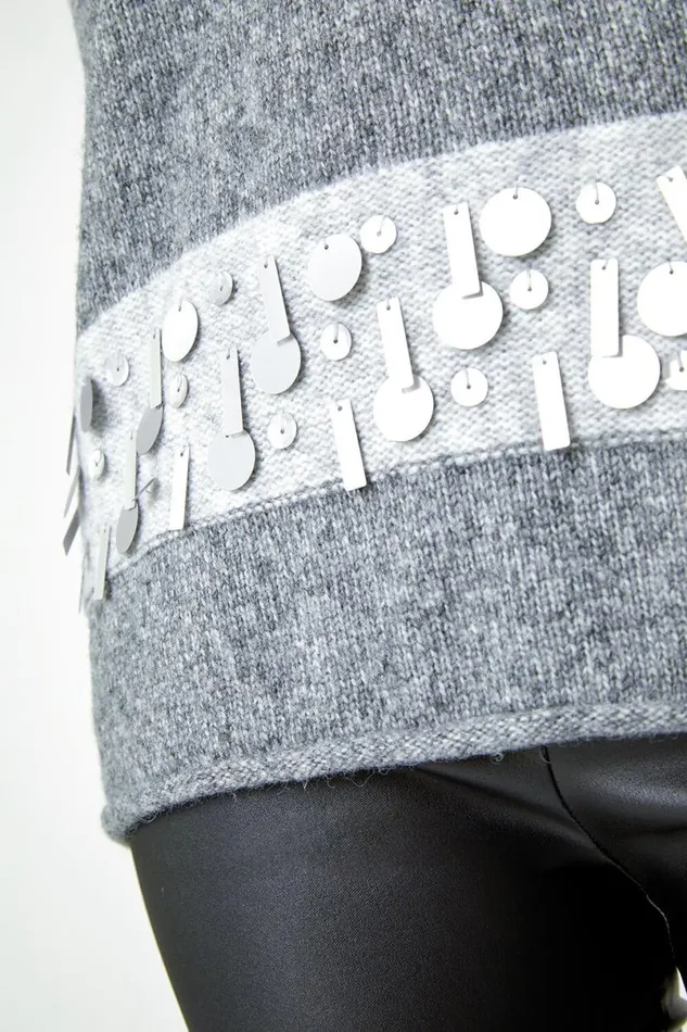 Grey Sequin Colour Block Funnel Neck Jumper Women Roman Knitwear