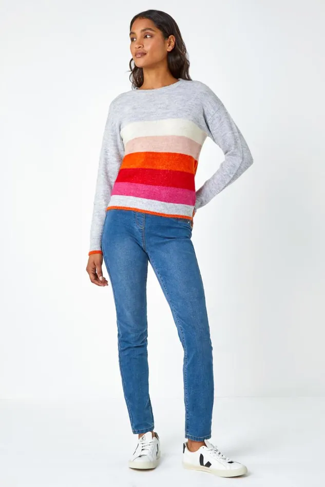 Grey Stripe Print Stretch Knit Jumper Women Roman Knitwear