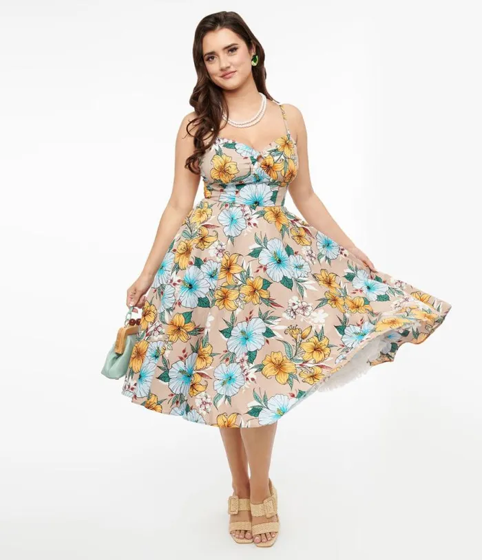 Hell Bunny 1950s Light Brown and Blue Tropical Floral Print Cotton Pattaya Midi Dress Dresses Unique Vintage Pocket Dresses
