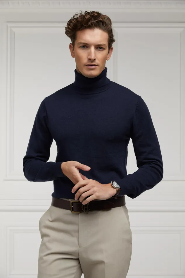 Holland Cooper Fine Roll Neck Knit Navy Men Knitwear