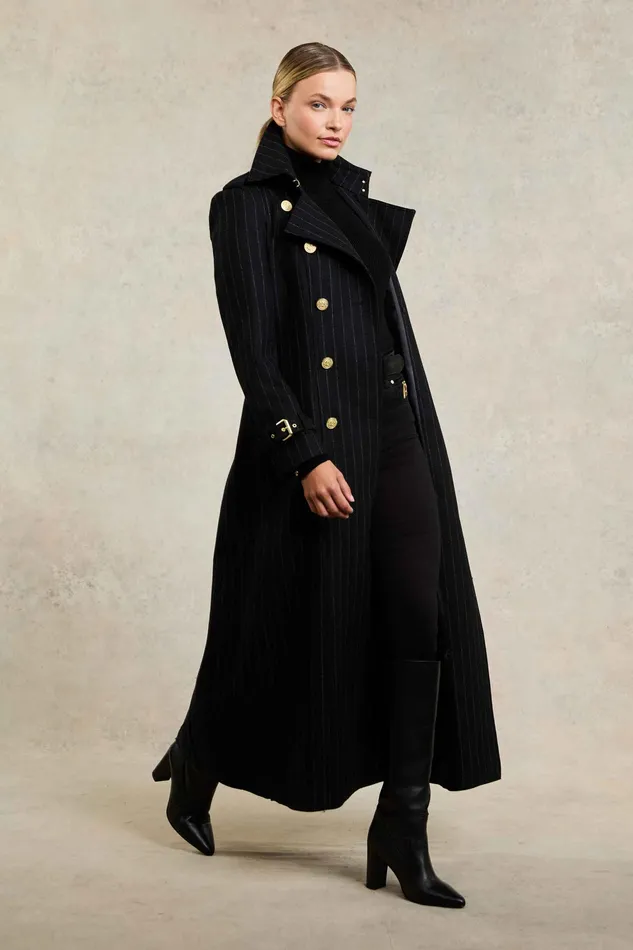 Holland Cooper Full Length Marlborough Trench Coat Black Pinstripe Women Tailoring