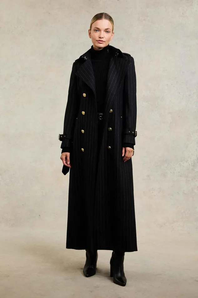 Holland Cooper Full Length Marlborough Trench Coat Black Pinstripe Women Tailoring