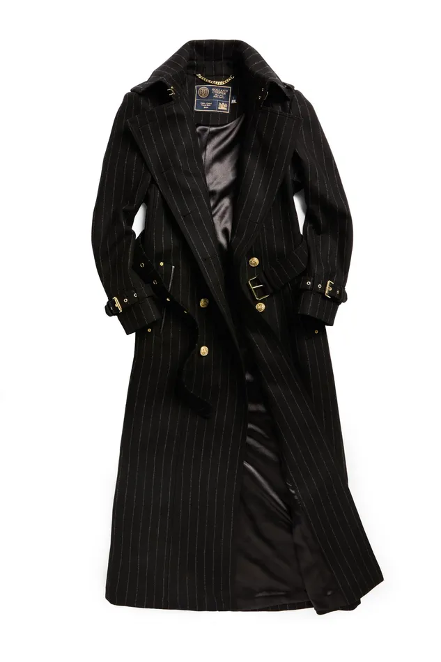 Holland Cooper Full Length Marlborough Trench Coat Black Pinstripe Women Tailoring