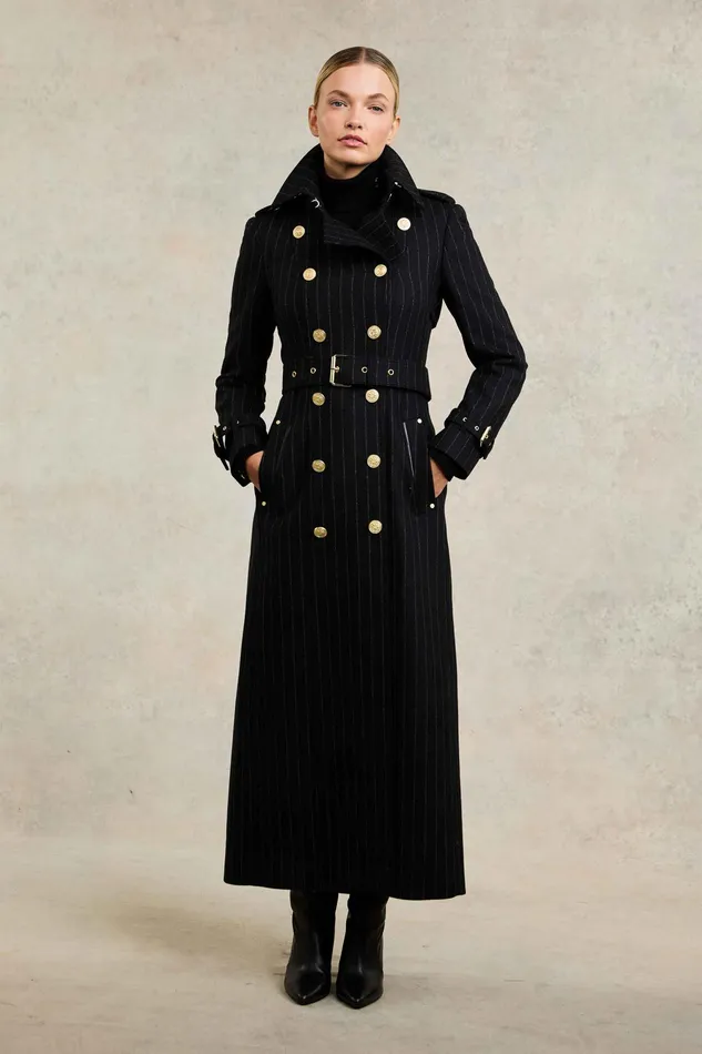 Holland Cooper Full Length Marlborough Trench Coat Black Pinstripe Women Tailoring