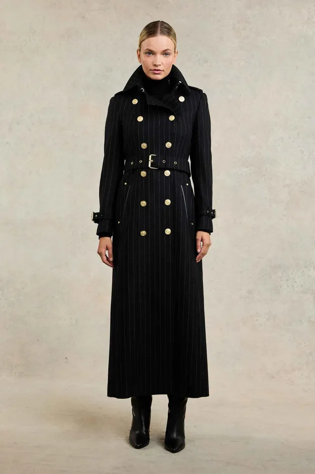 Holland Cooper Full Length Marlborough Trench Coat Black Pinstripe Women Tailoring