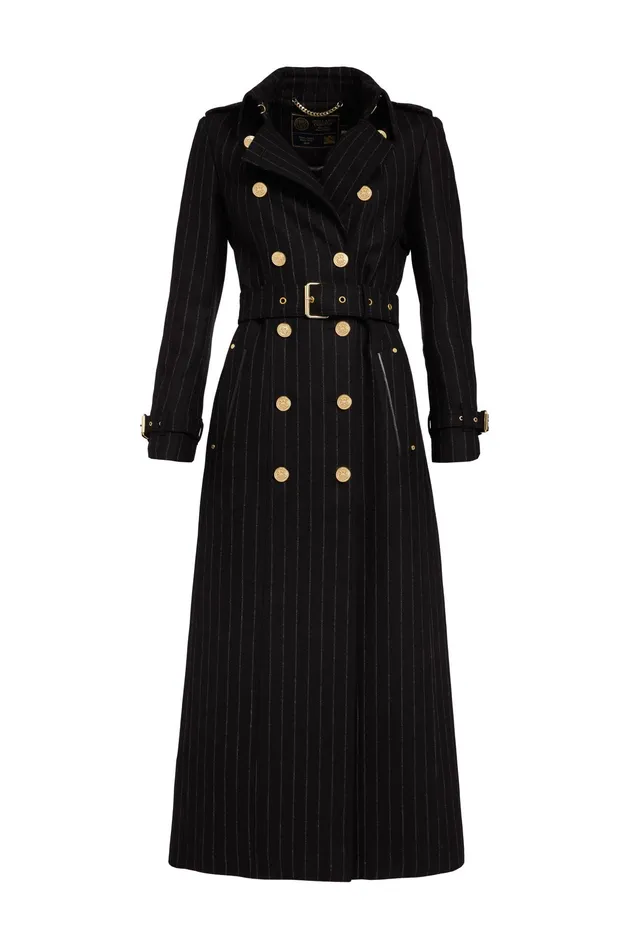 Holland Cooper Full Length Marlborough Trench Coat Black Pinstripe Women Tailoring