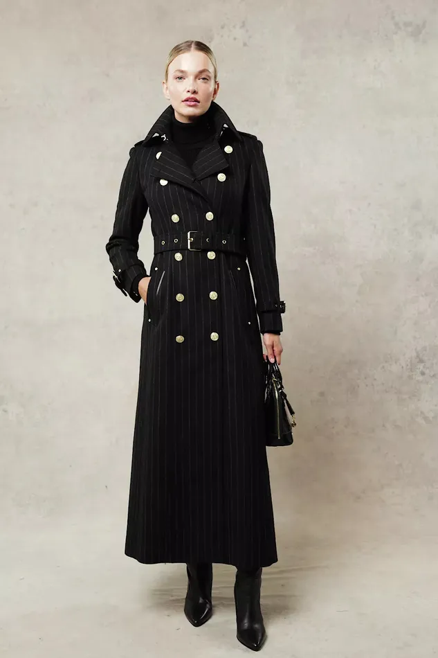 Holland Cooper Full Length Marlborough Trench Coat Black Pinstripe Women Tailoring