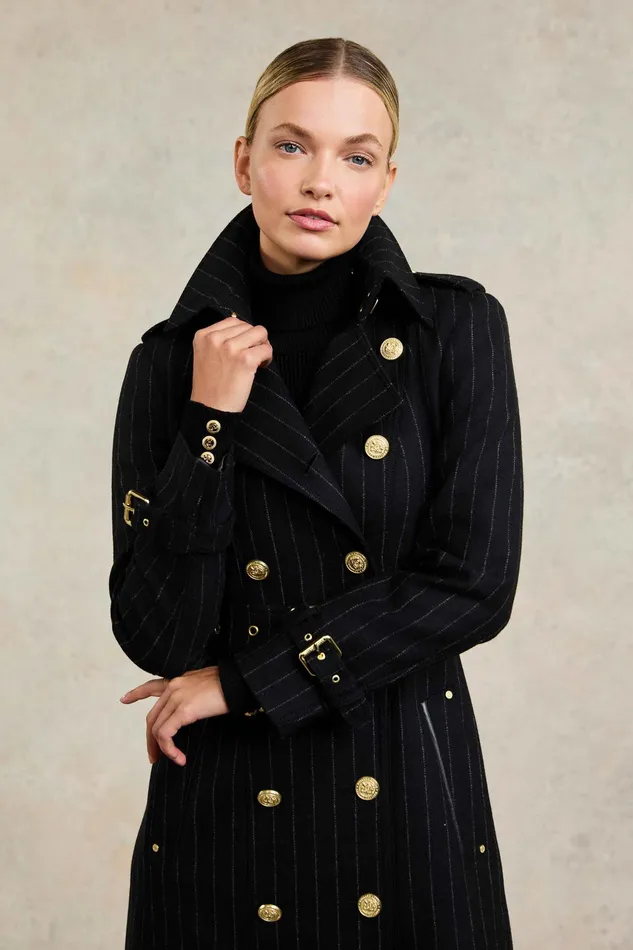 Holland Cooper Full Length Marlborough Trench Coat Black Pinstripe Women Tailoring