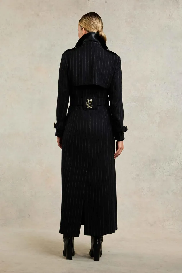 Holland Cooper Full Length Marlborough Trench Coat Black Pinstripe Women Tailoring