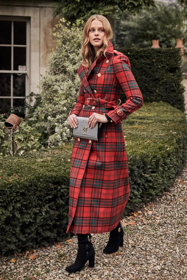 Holland Cooper Full Length Marlborough Trench Coat Red Tartan Women Tailoring