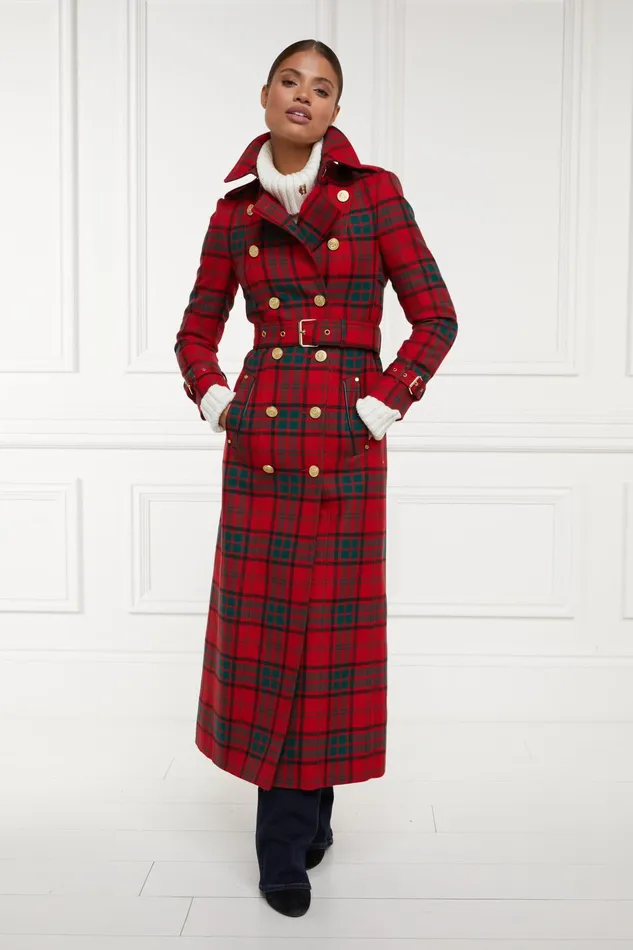 Holland Cooper Full Length Marlborough Trench Coat Red Tartan Women Tailoring