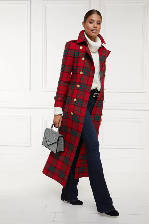 Holland Cooper Full Length Marlborough Trench Coat Red Tartan Women Tailoring