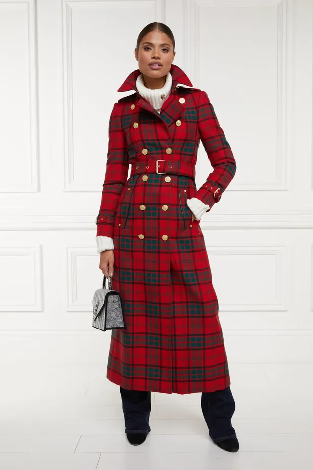 Holland Cooper Full Length Marlborough Trench Coat Red Tartan Women Tailoring