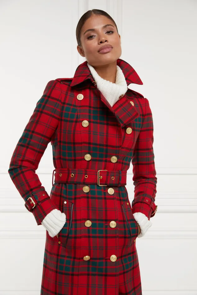 Holland Cooper Full Length Marlborough Trench Coat Red Tartan Women Tailoring