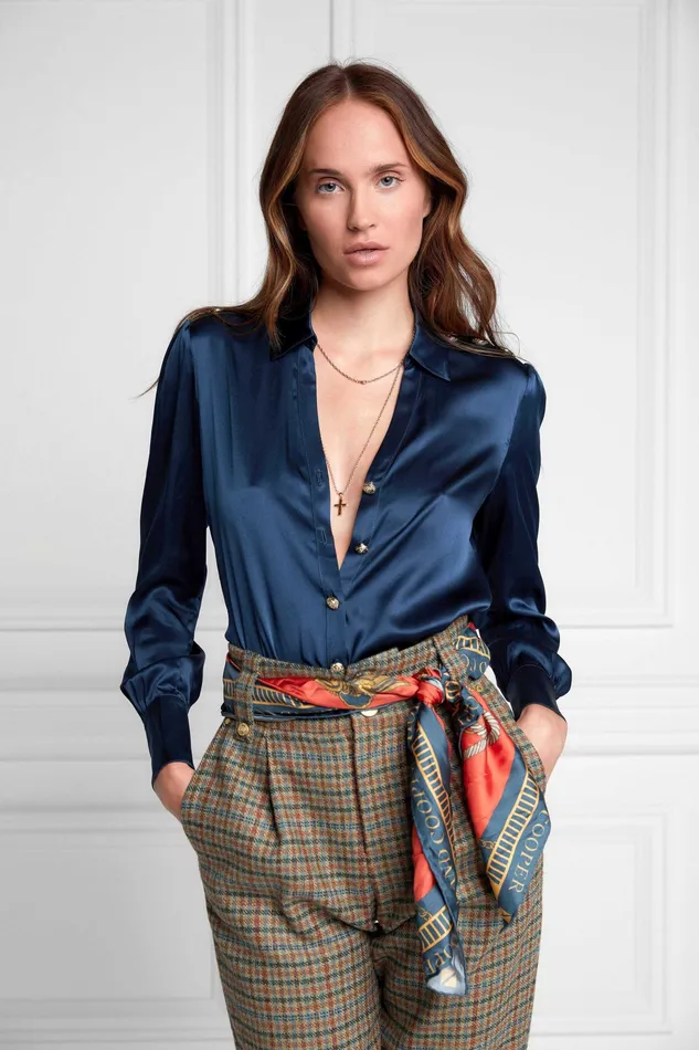 Holland Cooper Silk VNeck Blouse Petrol Blue Women Shirts and Blouses