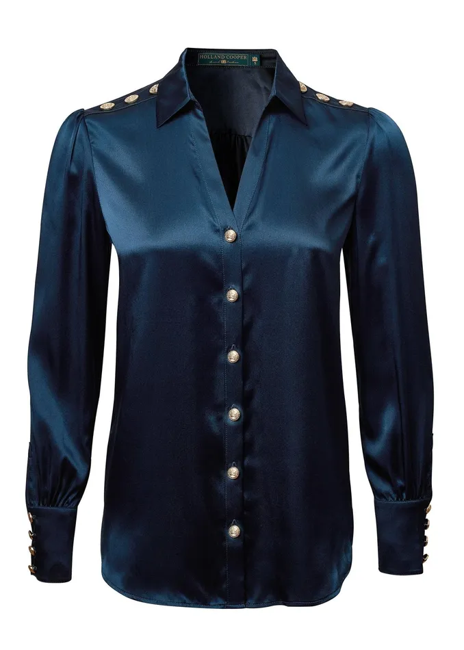 Holland Cooper Silk VNeck Blouse Petrol Blue Women Shirts and Blouses Holland Cooper Silk VNeck Blouse Petrol Blue Women Shirts and Blouses