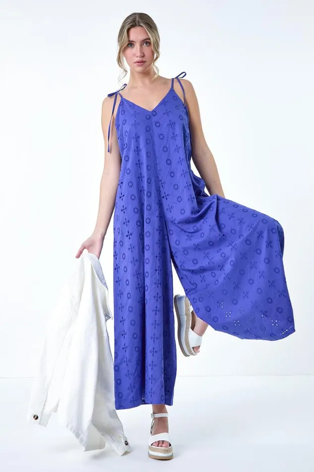 Indigo Cotton Broderie Pocket Wide Leg Jumpsuit Women Roman Dresses