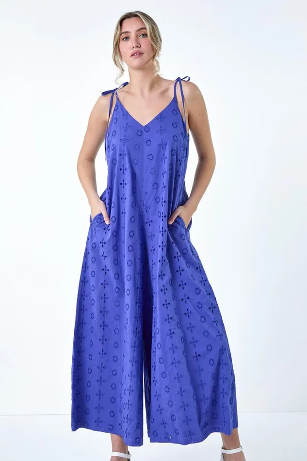 Indigo Cotton Broderie Pocket Wide Leg Jumpsuit Women Roman Dresses