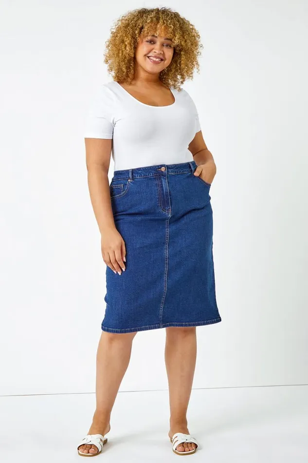 Indigo Curve Cotton Denim ALine Skirt Women Roman Skirts