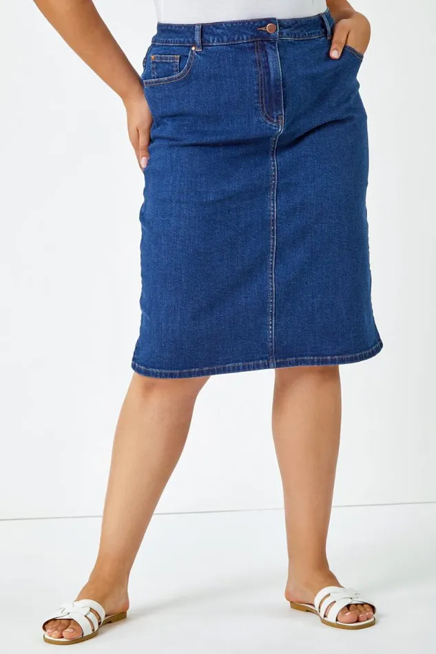 Indigo Curve Cotton Denim ALine Skirt Women Roman Skirts
