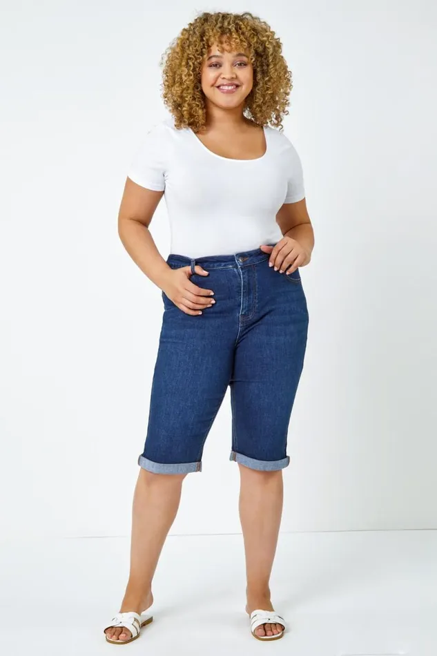 Indigo Curve Stretch Knee Length Denim Shorts Women Roman Trousers