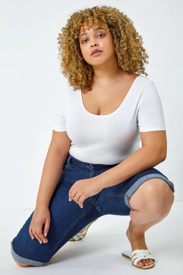 Indigo Curve Stretch Knee Length Denim Shorts Women Roman Trousers