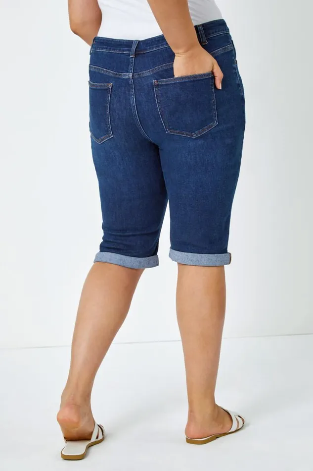 Indigo Curve Stretch Knee Length Denim Shorts Women Roman Trousers