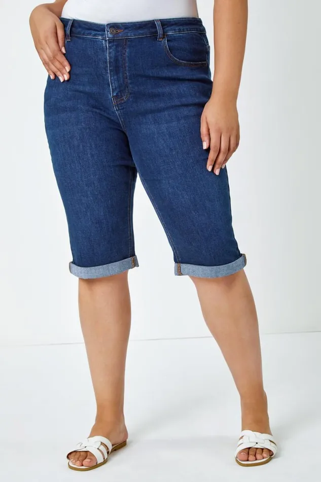 Indigo Curve Stretch Knee Length Denim Shorts Women Roman Trousers