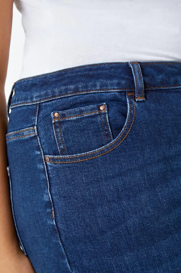 Indigo Curve Stretch Knee Length Denim Shorts Women Roman Trousers