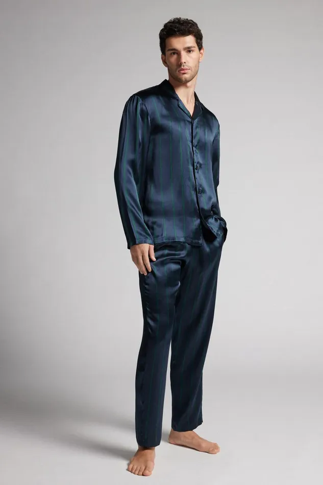 Intimissimi Long Pajamas Men Striped Silk Full Length Pajamas Dark Grey 356j 8211 Riga Blu Notteverde