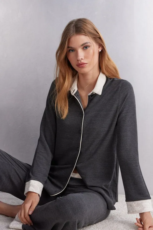 Intimissimi Long Pajamas Women Baby Its Cold Outside Modal And Wool Button Up Shirt Grey 461j 8211 Charcoal Grey Blend