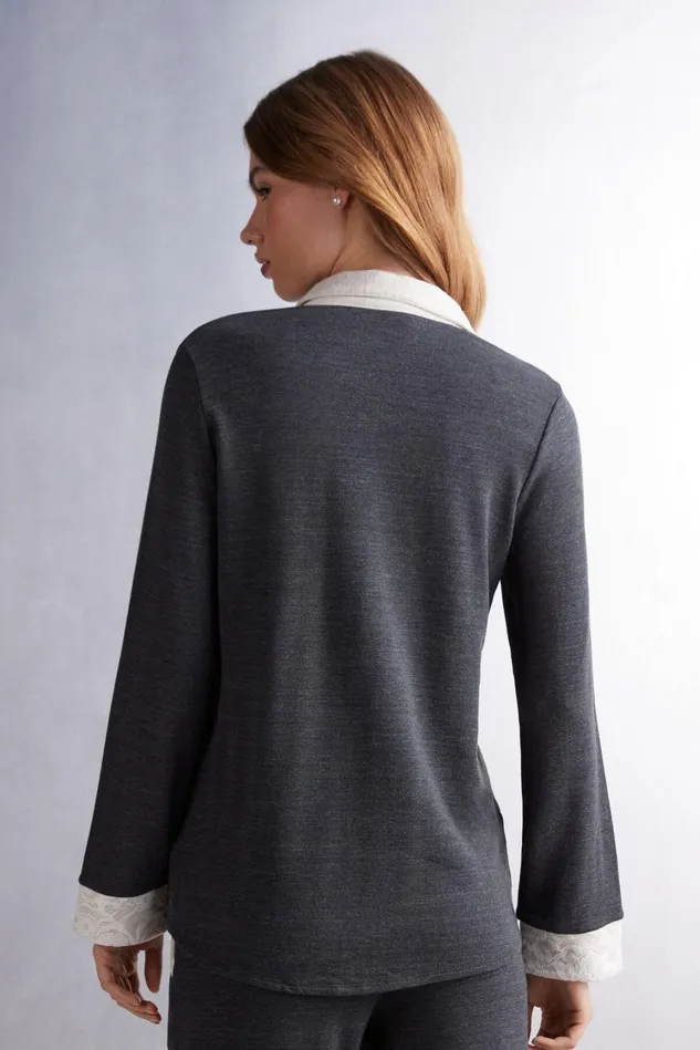 Intimissimi Long Pajamas Women Baby Its Cold Outside Modal And Wool Button Up Shirt Grey 461j 8211 Charcoal Grey Blend
