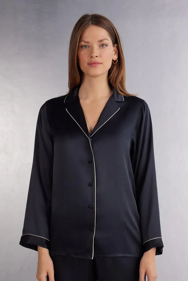 Intimissimi Long Pajamas Women MannishCut Jacket In Silk Satin Black 019 8211 Black