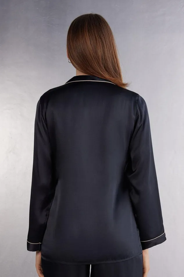 Intimissimi Long Pajamas Women MannishCut Jacket In Silk Satin Black 019 8211 Black