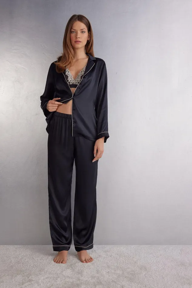 Intimissimi Long Pajamas Women Silk Satin Pajama Pants Black 019 8211 Black