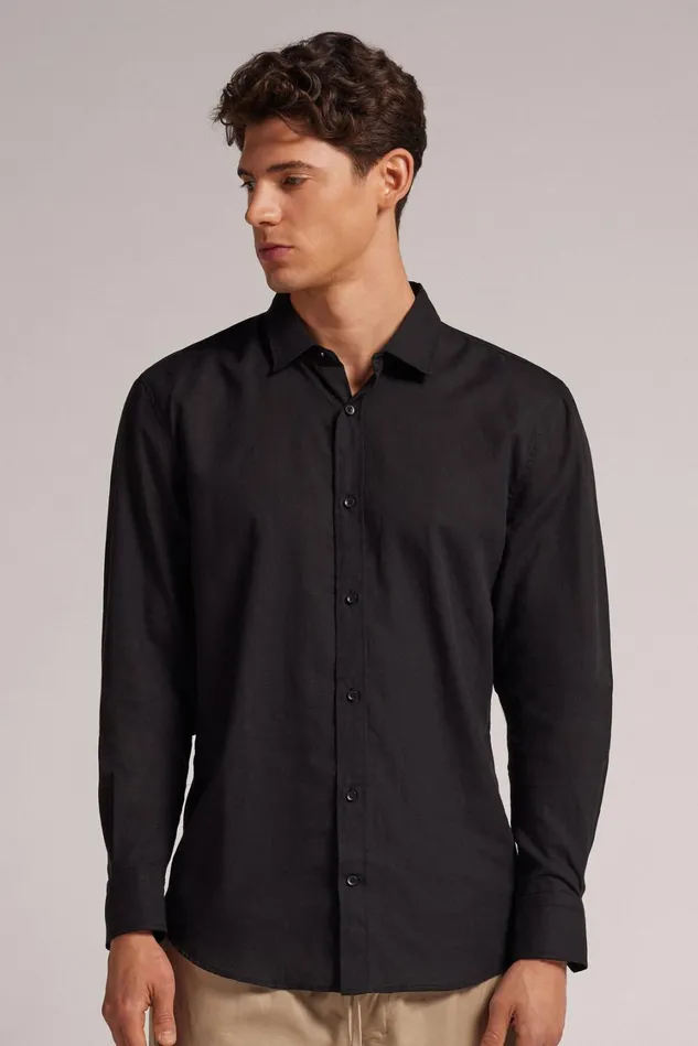 Intimissimi Long Sleeve Tops Men Linen And Cotton Shirt Black 019 8211 Black