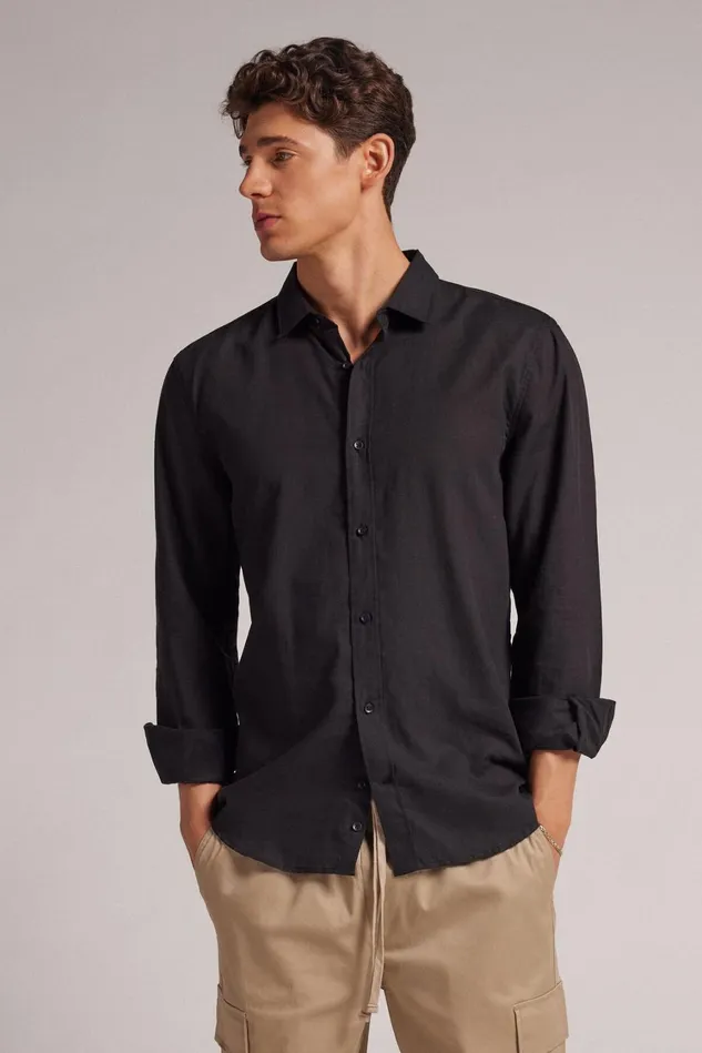 Intimissimi Long Sleeve Tops Men Linen And Cotton Shirt Black 019 8211 Black