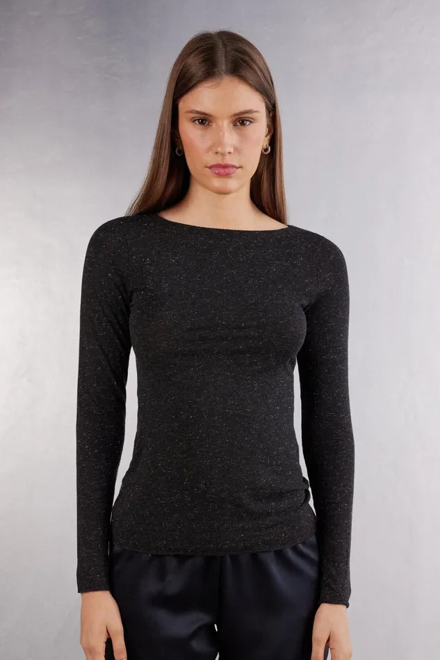 Intimissimi Long Sleeve Tops Women Crewneck Top In Modal Light With Cashmere Lam Black 5079 8211 Black Lameacute Intimissimi Long Sleeve Tops Women Crewneck Top In Modal Light With Cashmere Lam Black 5079 8211 Black Lameacute