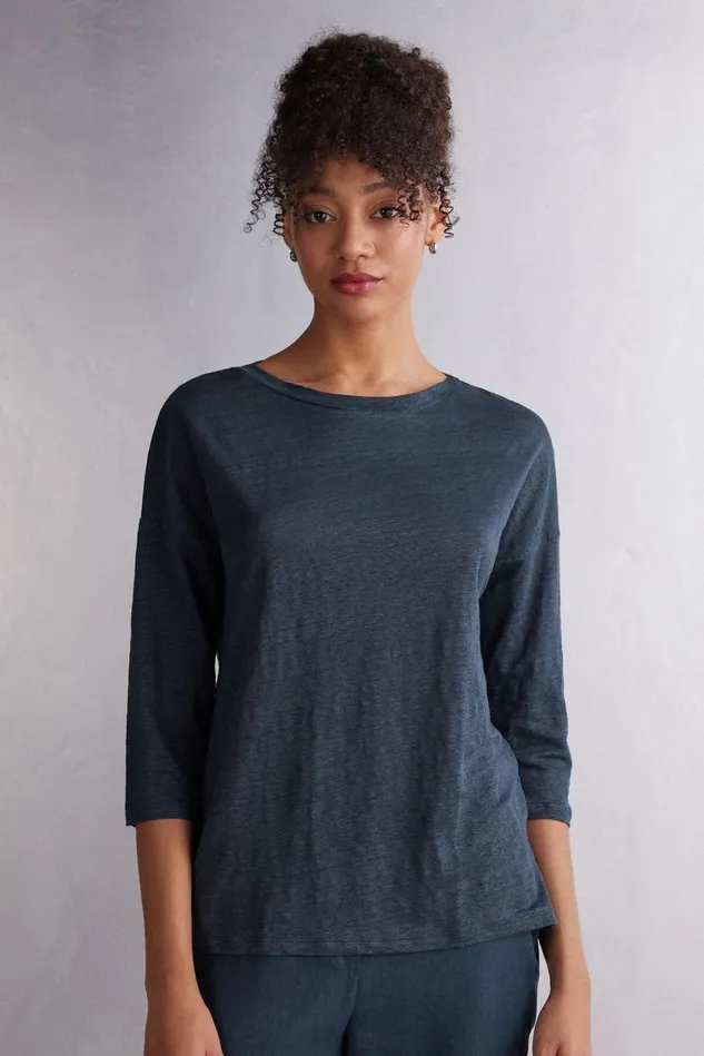 Intimissimi Long Sleeve Tops Women Linen Bateau Neck Top Blue 243j 8211 Sailor Blue