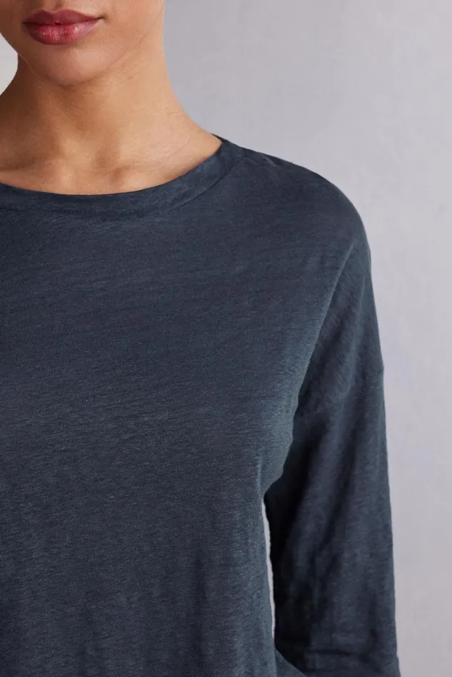 Intimissimi Long Sleeve Tops Women Linen Bateau Neck Top Blue 243j 8211 Sailor Blue