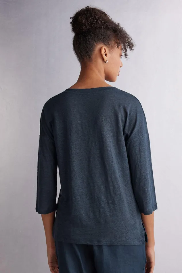 Intimissimi Long Sleeve Tops Women Linen Bateau Neck Top Blue 243j 8211 Sailor Blue