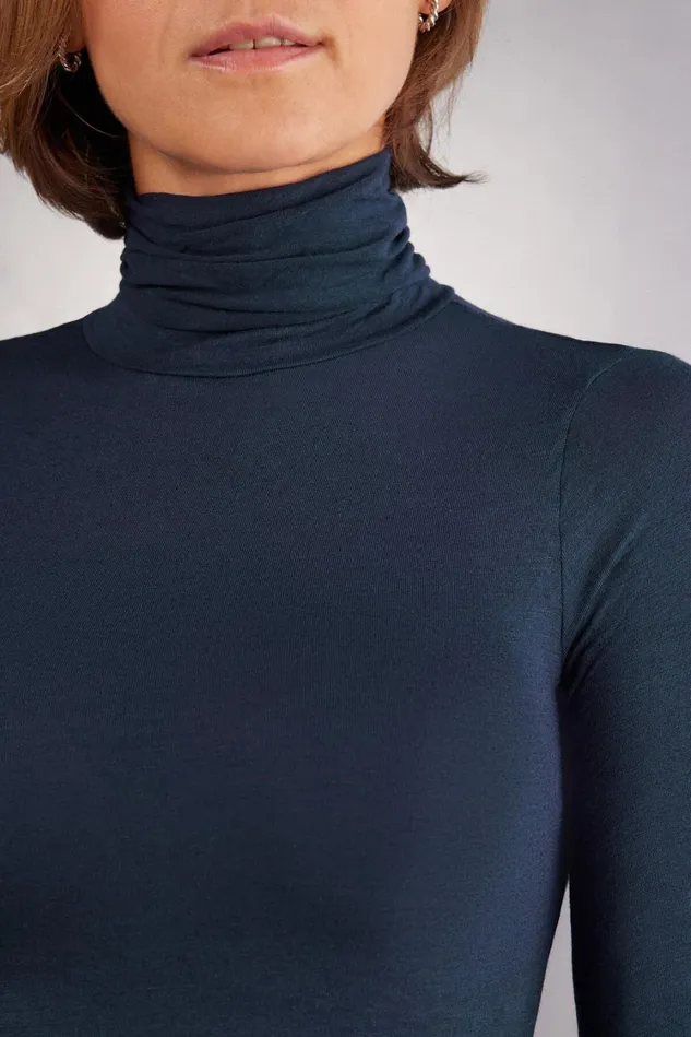 Intimissimi Long Sleeve Tops Women Modal Cashmere Ultralight HighNeck Top Blue 1467 8211 Intense Blue
