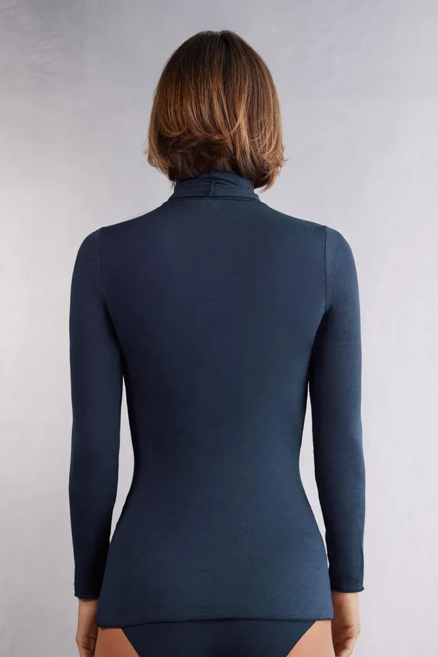 Intimissimi Long Sleeve Tops Women Modal Cashmere Ultralight HighNeck Top Blue 1467 8211 Intense Blue