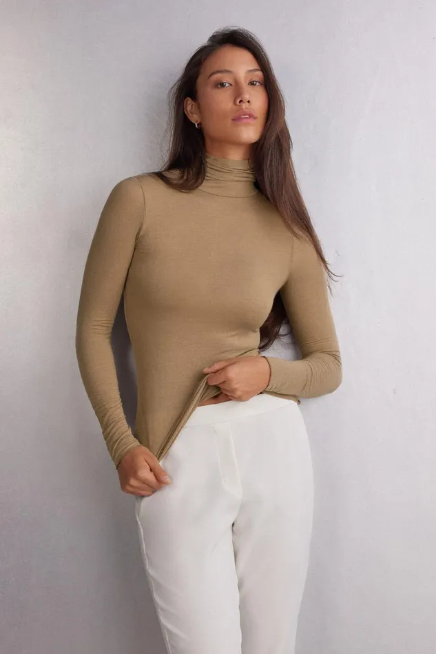 Intimissimi Long Sleeve Tops Women Modal Cashmere Ultralight HighNeck Top Brown 233i 8211 Toffee Brown
