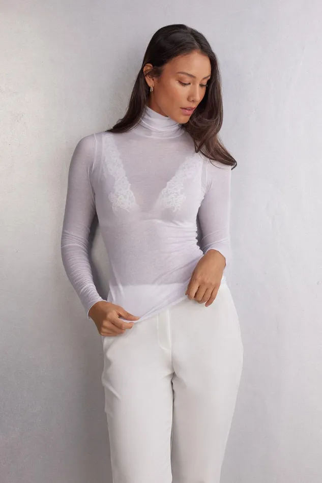 Intimissimi Long Sleeve Tops Women Modal Cashmere Ultralight HighNeck Top White 001 8211 White