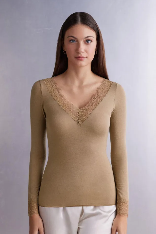 Intimissimi Long Sleeve Tops Women Modal Cashmere Ultralight Long Lace Shirt Brown 233i 8211 Toffee Brown Intimissimi Long Sleeve Tops Women Modal Cashmere Ultralight Long Lace Shirt Brown 233i 8211 Toffee Brown