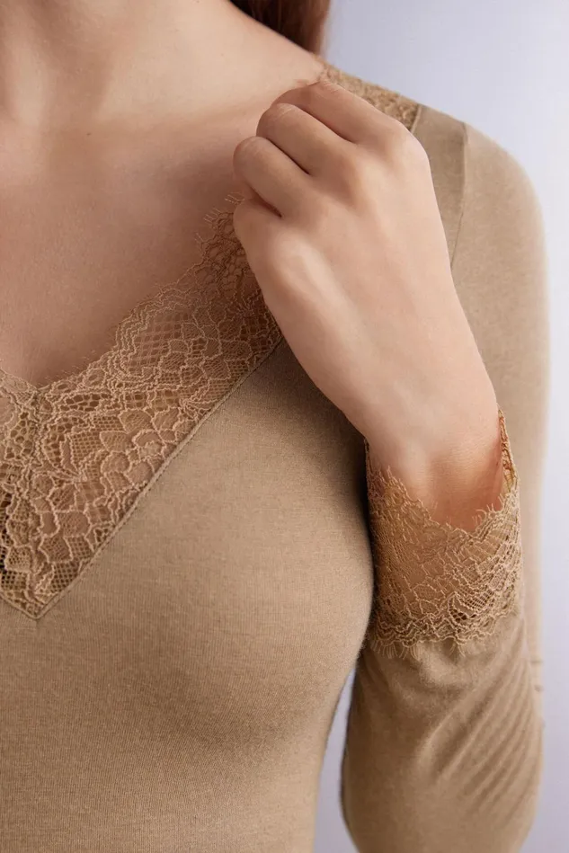 Intimissimi Long Sleeve Tops Women Modal Cashmere Ultralight Long Lace Shirt Brown 233i 8211 Toffee Brown